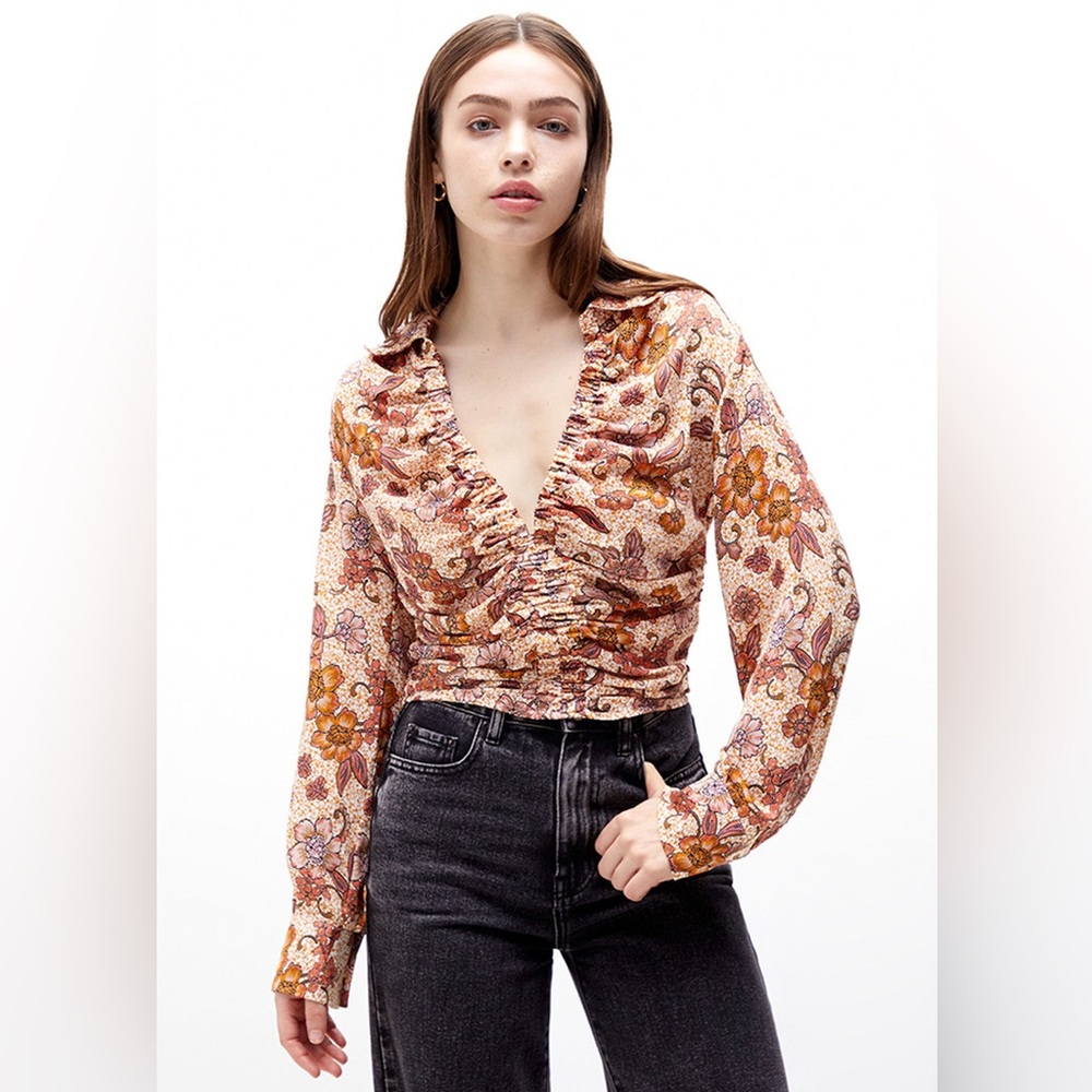Free People I Got You Printed Long Sleeve V-Neck Floral Top Blouse Size Small